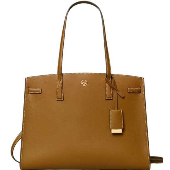 Tory Burch Robinson Satchel Bag Leather Magnetic Handbag Brown Purse Tan Gold Nw